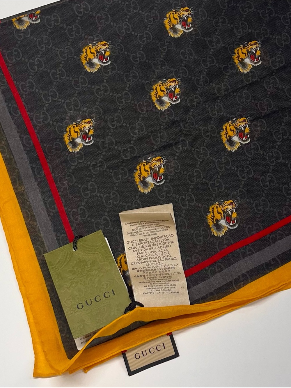 Gucci Black Cotton Scarf with Yellow Tiger Motif and Red Trim - Picture 6 of 8
